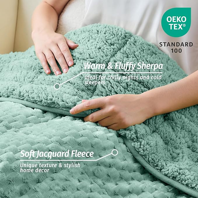 Wemore Fleece Weighted Blanket for Adults (60" x 80" 15lbs, Green), Dual Sided Cozy Soft Sherpa Heavy Blanket, 3D Imitation Turtle Shell Warm Jacquard Flannel Weighted Blankets for Couch and Bed