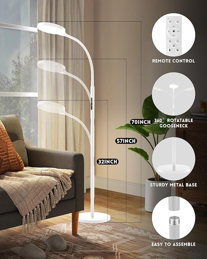 Sunlight Lamp, 11000 Lux Full Spectum UV-Free LED Sun Light Floor Lamp with 5 Modes, 3 in 1 Mount, CRI97 Adjustable 10 Brightness/Timer/Memory, White