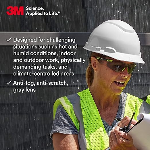 3M Safety Glasses, Solus 1000, S1202SGAF, ANSI Z87, Scotchgard Anti-Fog, Gray Lens, Green/Black Frame, Padded Temple, Soft Nosebridge, UV Protection, Premium Eye Protection