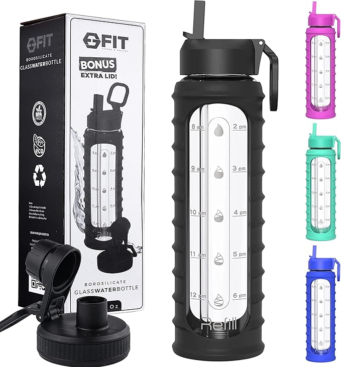 FIT Strong & Healthy 32 oz Glass Water Bottle with Straw Lid - Wide Mouth Borosilicate Glass Water Bottles with Time Marker, Silicone Sleeve & Extra Lid - 1L Large Motivational Drinking Bottle