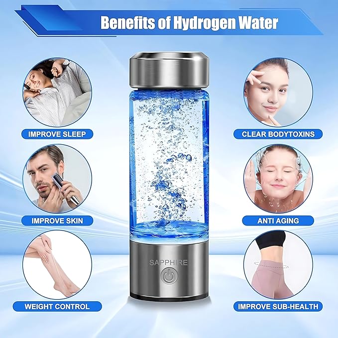 SAPPHIRE Hydrogen Water Bottle, 2025 Advanced 5th Generation SPE & PEM Technology, Portable & Rechargeable Hydrogen Water Bottle Generator, Chlorine & Ozone-Free, Stainless Steel 14oz