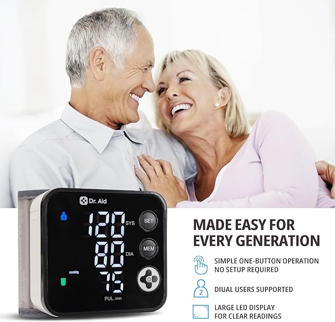 Dr. Aid Wrist Blood Pressure Monitor - Digital BP Machine with Adjustable Blood Pressure Cuff (13.5–19.5 cm), Large LED Display, Dual-User Memory (90 Each), WHO Indicator, Movement & Cuff-Fit Alerts