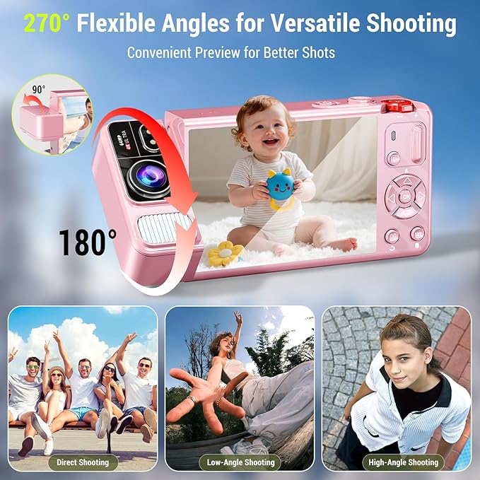 Digital Camera, 4K 64MP Cameras for Photography, 270°Flip Screen Vlogging Camera, Autofocus, Flash, 18X Zoom, 2 Batteries, 64GB Card, Point and Shoot Digital Cameras for Kids Teens, Pink