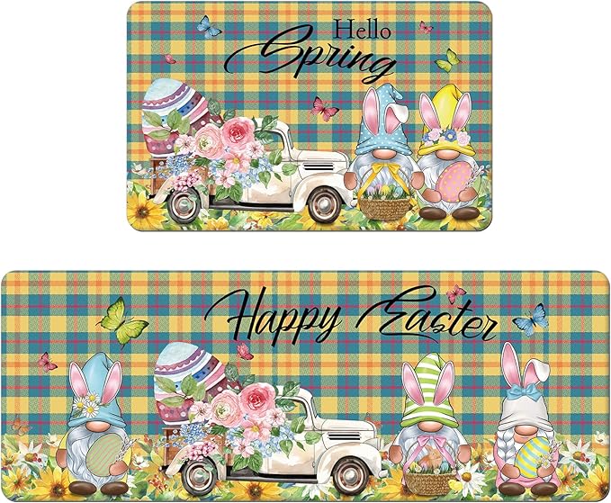 Easter Anti Fatigue Kitchen Mat Set of 2 Spring Non Slip Rubber Runner Rug Flower Gnomes Truck Floor Mat Quick Absorbent Comfort Cushioned for Standing Sink Entryway Laundry 16x24+16x41in