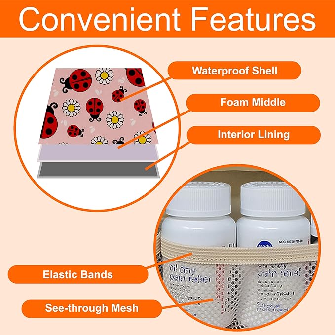 Medium Travel Pill Bottle Organizer, Child Medicine Bag with Zipper Toy, Carrier for Kids Medications and Medical Supplies - Lady Bugs