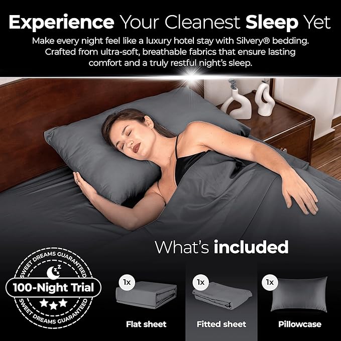 Silvery Silver Infused Bed Sheets Set - Ultra-Soft Temperature-Regulating Fabric with Self-Cleaning Technology™ That Stays Fresh 3X Longer for Hygienic Sleep