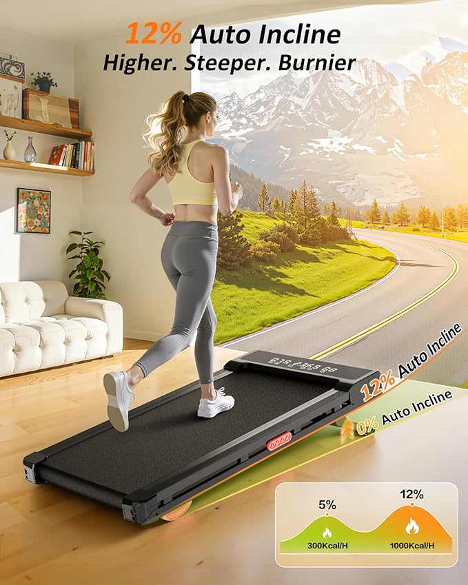 Treadmill with Auto Incline,12-Level Incline Walking Pad Treadmill with Handle Bar,3.0HP Quiet Under Desk 350 lbs Weight Capacity 2 in 1 Foldable Treadmills Walking LED Display for Home Office Gym