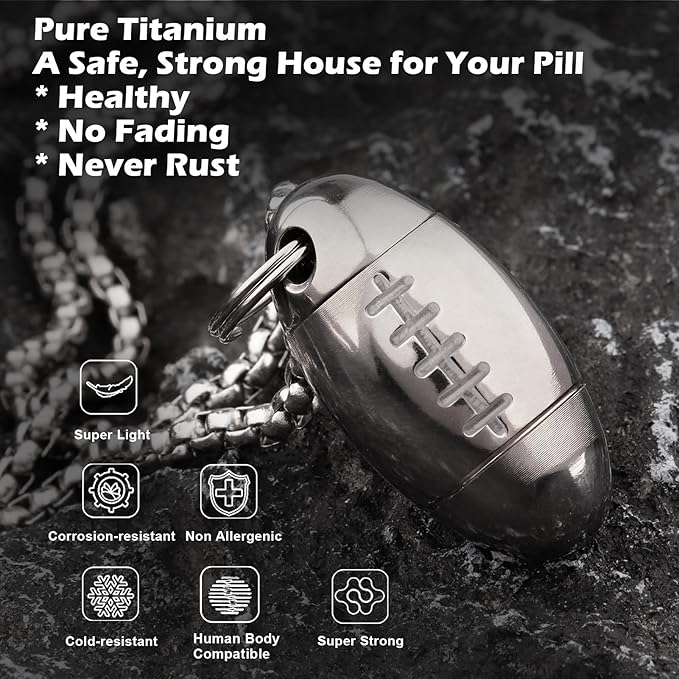 Football Shape Pill Holder Necklace Keychain Titanium Nitro Pill Case for Men Women Small Waterproof Pill Holder for Emergency Aspirin, Pill Container W/Chain Gifts Stocking Stuffers
