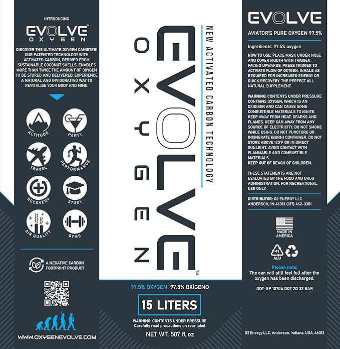 EVOLVE 15-Liter Pure Oxygen Canister with Breathing Cup | Portable Oxygen Can | Ideal for Home Use and Outdoor Activities | Designed by Firefighters | Made in The USA | Pack of 1