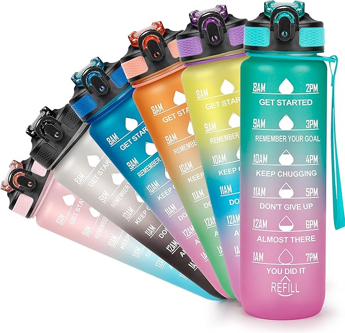 Motivational Water Bottle with Time Marker - 32oz, Leak-proof BPA Free Sports Water Bottles with Straw & Carrying Strap