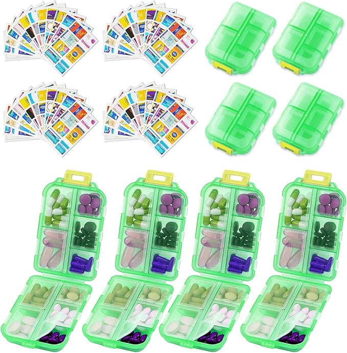 4PCS 7-Day Pill Organizer with Labels – Compact Daily Medication Case | Travel-Sized (3.7" x 2.4") Secure Lock | AM/PM Compartments | Includes 300+ Common Medicines Vitamins Health Product Sticker