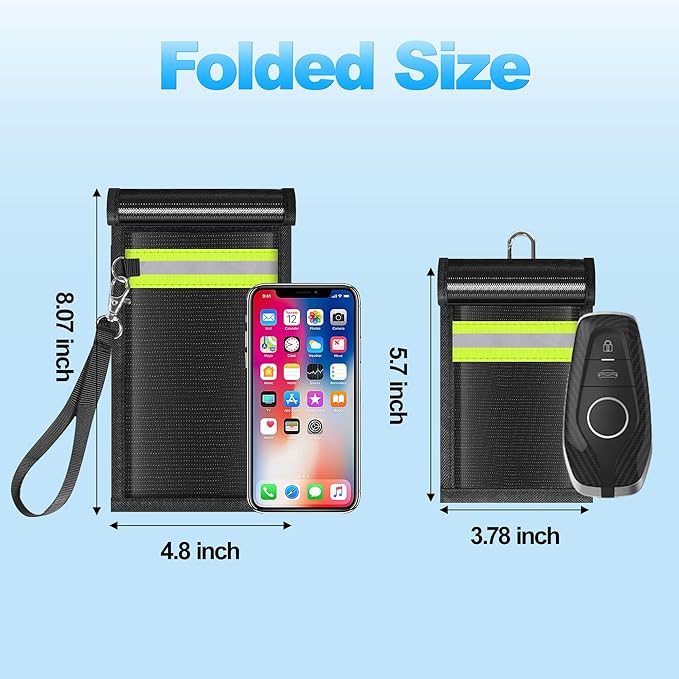 2 Pack Faraday Bags,Portable Faraday Key Fob Protector EMP Protection Bags,Faraday Bags for Phones,Faraday Pouch for Key Fob with Reflective Strip,Water Resistant,Fire Retardant,Foldable,Black
