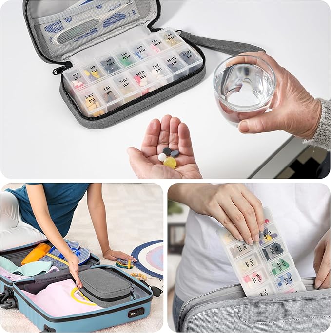 Weekly Pill Organizer 2 Times a Day, Travel Pill Box 7 Day with Large Opening, Pill Case with Handle, Pill Dispenser Medicine Organizer for Vitamins, Fish Oils, Medications, Supplements (Grey, Large)