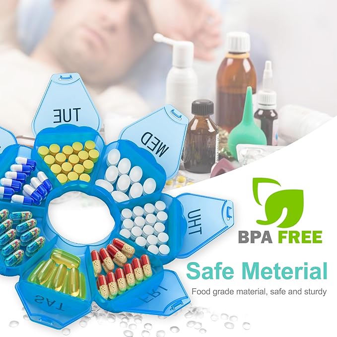 Enlarged Weekly Pill Organizer 7 Day, Daily Pill Box with Never Faded Etched 3D Date Labels, Travel Pill Case with Large Compartment for Medication, Vitamin, Fish Oil, Supplements-Blue