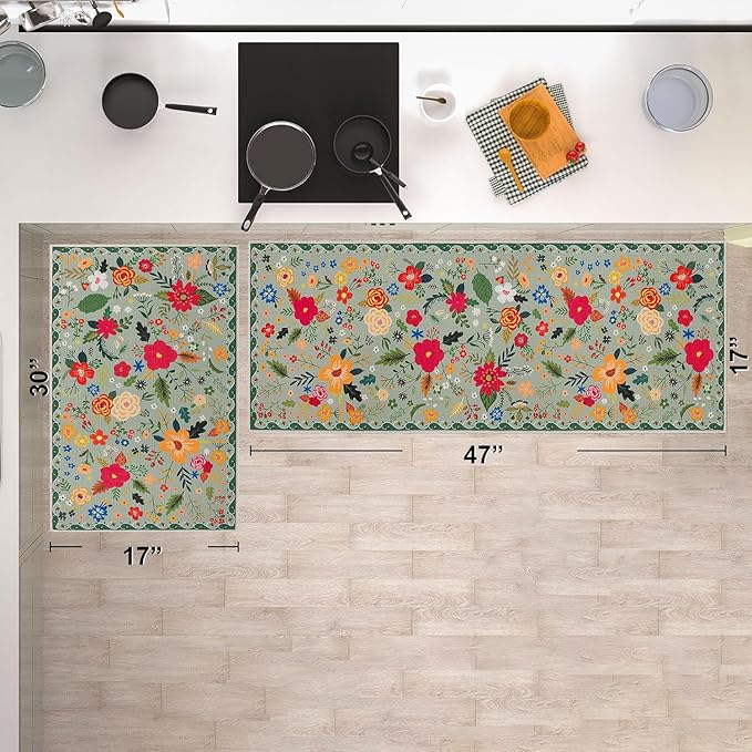 Floral Kitchen Rug Sets of 2, Boho Non Slip Washable Kitchen Mats for Floor, Spring Floral Kitchen Runner Rug for Hallway Laundry Sink 17x30 and 17x47 Inch, Green