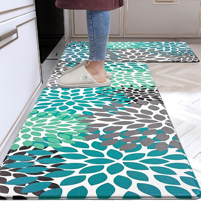 Likiyol Kitchen Mats for Floor [2 PCS] Anti-Fatigue Comfort Kitchen Rugs, Boho Flower Cushioned Waterproof Kitchen Decor Mat Thick, 18''x30''+18''x60'', Teal