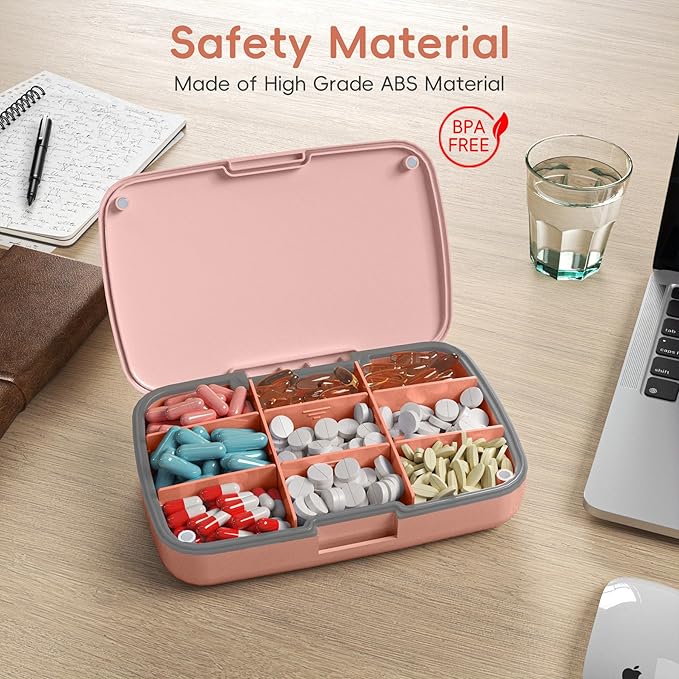 9-Compartment Magnetic Pill Organizer - Daily Pill Case with Adjustable Compartments, Waterproof Silicone Seal for Travel, Home & Office Use (Pink)