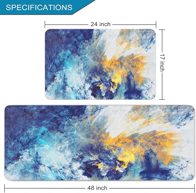 2 Pieces Kitchen Rugs, Abstract Anti Fatigue Non Slip Foam Cushioned Bright Yellow Royal Blue Modern Comfort Indoor Floor Mat Runner Rug Set for Laundry Office Sink Bathroom (17"X48"+17"X24")