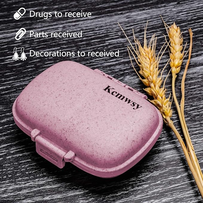 Travel Pill Organizer Small Pill Box Portable Daily 8 Compartment Pill Case for Purse Pocket Medicine Vitamin Holder Container（Wheat Pink）
