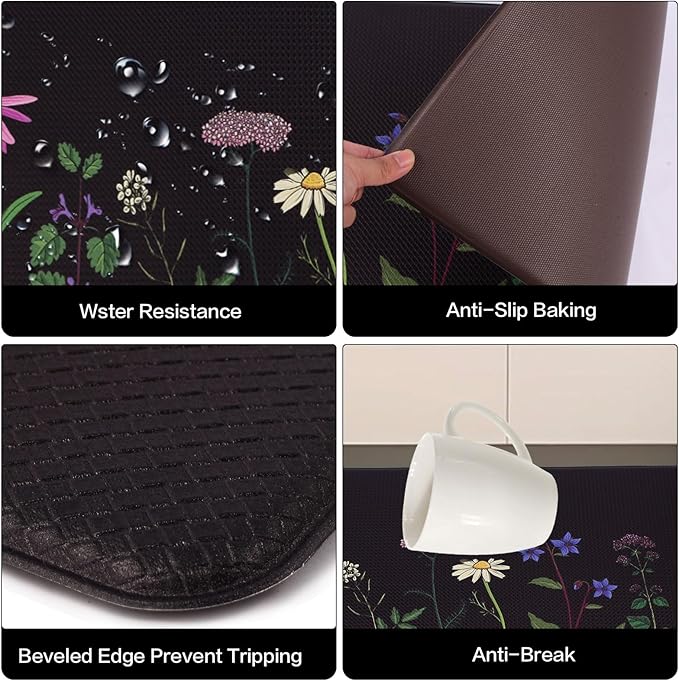 Mirok Washable Anti Fatigue Mat for Cushioned Floor Mats,Colorful Floral Non-Skid Ergonomic Comfort Foam Rugs,Non Slip Kitchen Rug(Multi Flower,17"x47")
