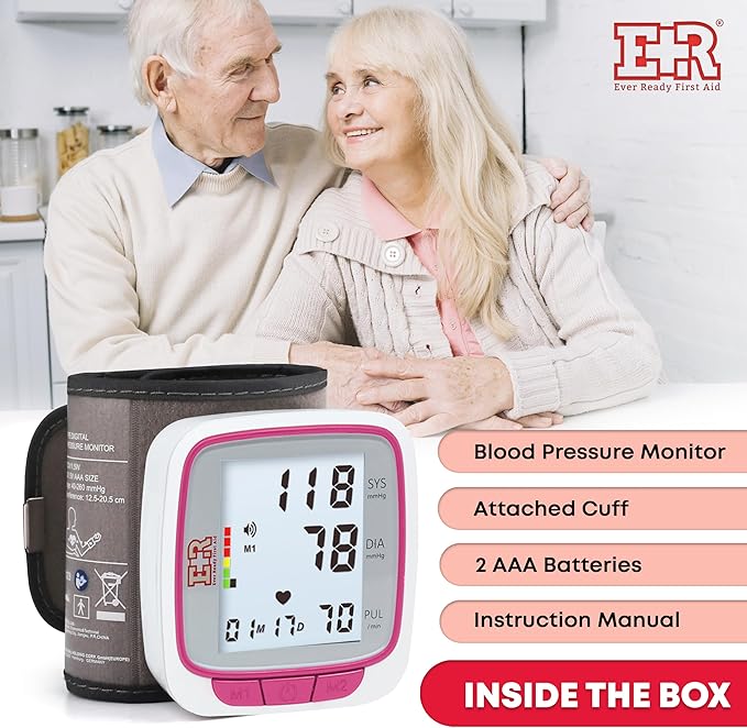Ever Ready First Aid Fully Automatic Blood Pressure Wrist Cuff Watch Wearable Monitor for Home Use - Pink- Batteries Included