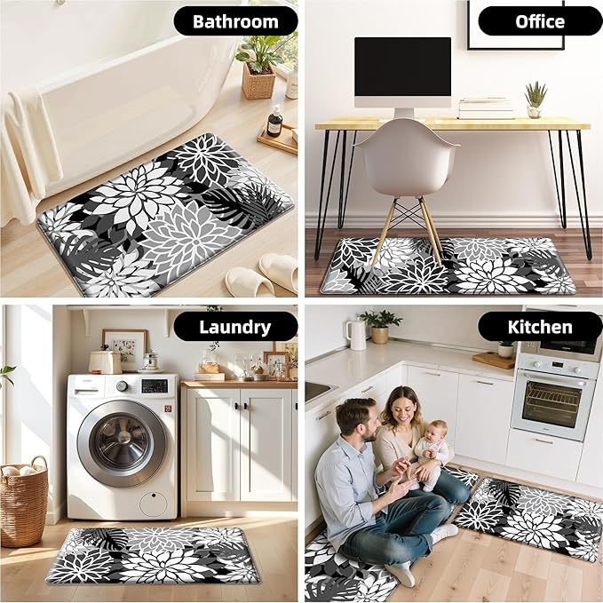 Kitchen Mats for Floor 2PCS Cushioned Anti Fatigue Kitchen Mats Waterproof Non Slip Kitchen Mat Rug Set Comfort Foam Standing Mat for Sink, Laundry, Office, Black White