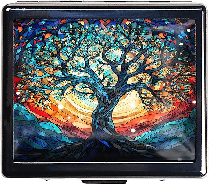 7 Days Chromed Shiny Silver Pill Organizer with Mirror Inside Has 8 Separate Compartments Rectangle 7 Days Pill Box Pill Case (Tree of Life)
