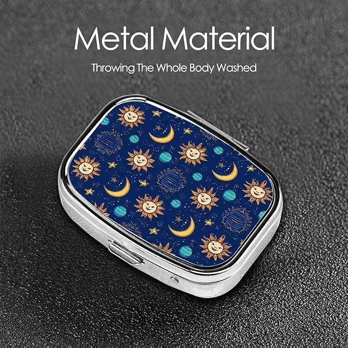 2-Compartment Medicine Pill Case, Vintage Astrology Star Sun Moon Portable Pill Box for Pockets Purse Tote Bag, Pill Box Decorative Vitamin Organizer Unique Gift