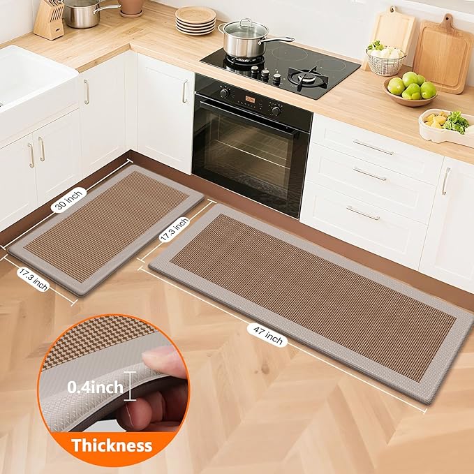 Kitchen Mats, 2PCS Kitchen Rugs for Floor, Cushioned Anti-Fatigue Mats for Kitchen Floor, Non-Slip Standing Desk Mat for Sink, Home, Laundry & Office, 17.3"x30"+17.3"x47" (Khaki)