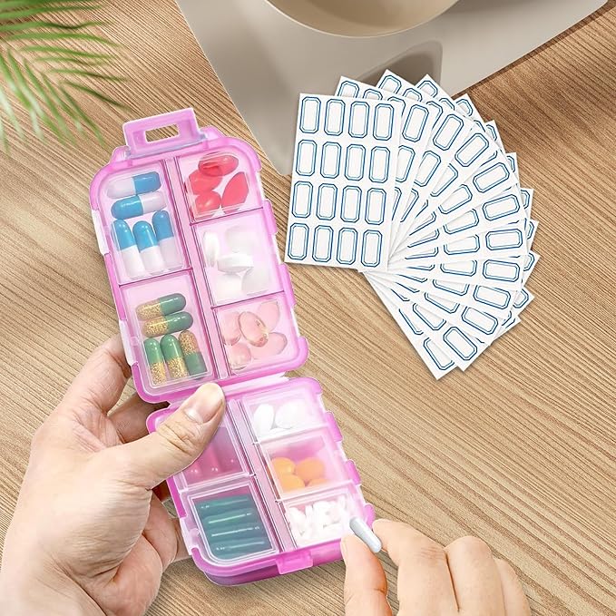 INVODA 12PCS 10-Compartment Pill Organizer BPA-Free Travel Pill Case with Daily Labels Portable Medicine Box for Vitamins, Supplements & Jewelry