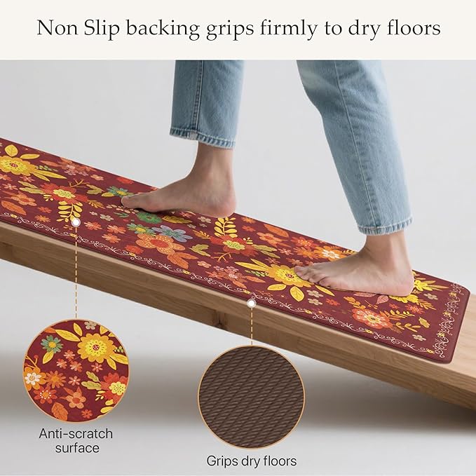 GENIMO Kitchen Mats for Floor 2PCS, Cushioned Kitchen Rugs Non Slip Washable, Farmhouse Anti Fatigue Mat Waterproof, Comfort Standing Mat Rug for Office, Home, Laundry, 17.3"x59"+17.3"x30", Red