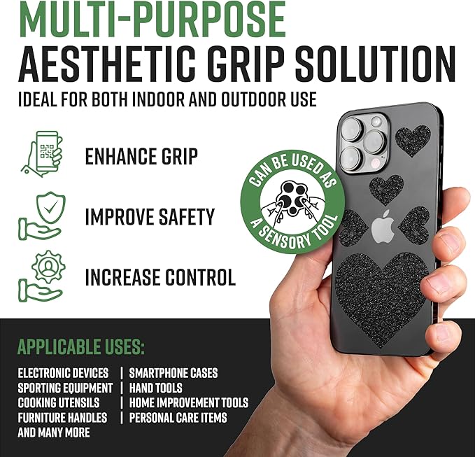 Dragon Grips Heart Stickers - 10 Pcs Black Heart-Shaped Rubberized Grip Stickers - Waterproof, Multi-Purpose, Non-Slip, Textured Cell Phone Grip Tape for Laptop, Mouse, Tablet, iPad, iPhone Case