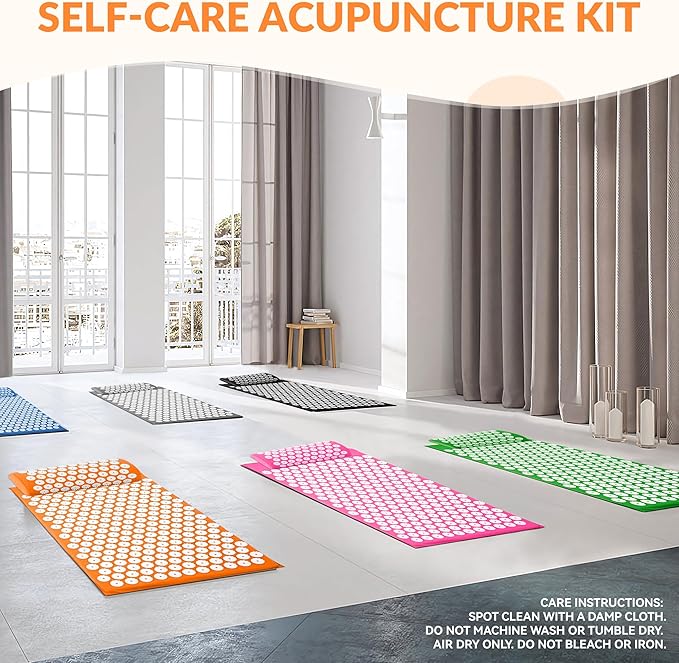 Fitvids Acupressure Mat and Pillow Set for Back/Neck Pain, Acupuncture Products to Relieve Muscle Fatigue, Improve Insomnia for Sedentary People, Acupuncture Eases Stress, Massage Mat, Orange
