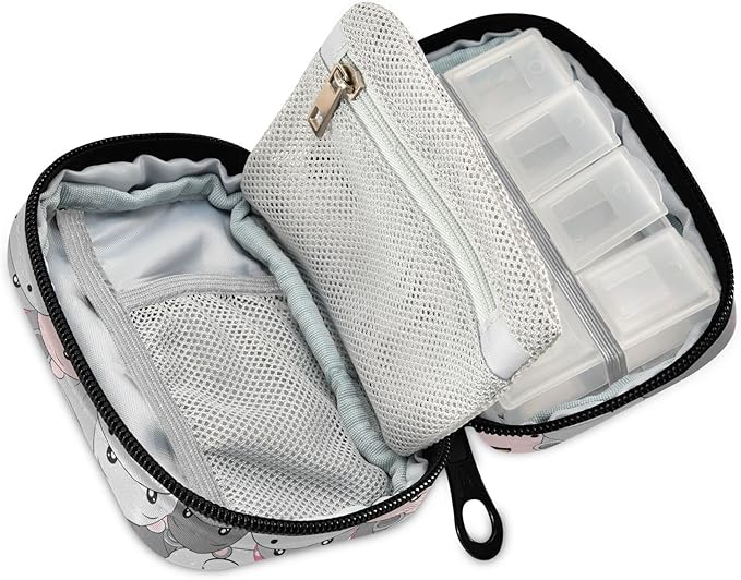 Pill Box Hippo Cartoon 7 Day Pill Case Travel Pill Organizer Bag with Zipper Portable Weekly Vitamin Medicine Supplement Holder Pouch Bag