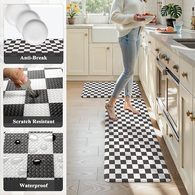 KIMODE Anti Fatigue Kitchen Mat for Floor, 17"x47"+17"x29" Checkered Kitchen Rugs Sets of 2, Kitchen Floor Mats Non-Slip, Cushioned Standing Desk mat for Sink Laundry Office Black and White