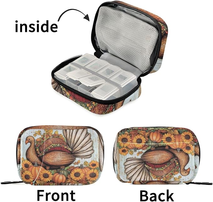 Travel Pill Case Happy Thanksgiving Weekly Small Pill Box 7 Day Pill Box Pill Organizer Bag