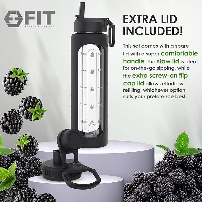 FIT Strong & Healthy 32 oz Glass Water Bottle with Straw Lid - Wide Mouth Borosilicate Glass Water Bottles with Time Marker, Silicone Sleeve & Extra Lid - 1L Large Motivational Drinking Bottle