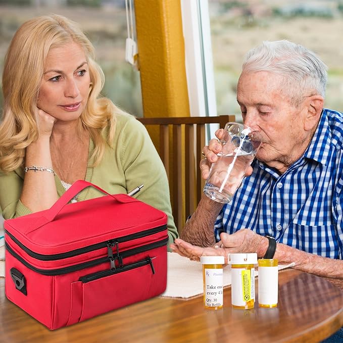 Medicine Bag for Traveling with Portable Small Pouch, Double Layer Pill Bottle Organizer Storage Case with Lockable Zippers, Carrying Medication Travel Case with Shoulder Strap (Bag ONLY), Red