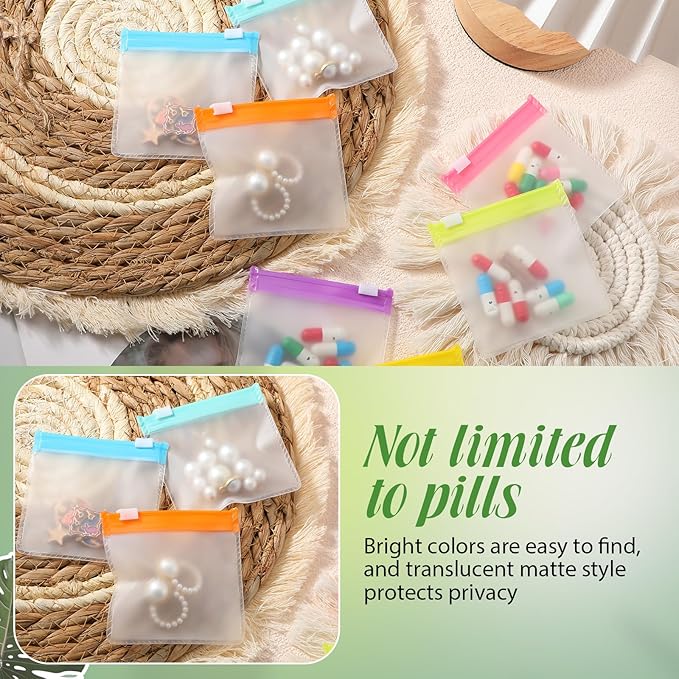 Sherr 56 Pcs Zippered Pill Pouch Bags Pill Pocket Reusable Clear Plastic Pills Bags Translucent Travel Medicine Organizer Travel Storage Pouches with Slide Lock for Pills Small Items(Candy Color)