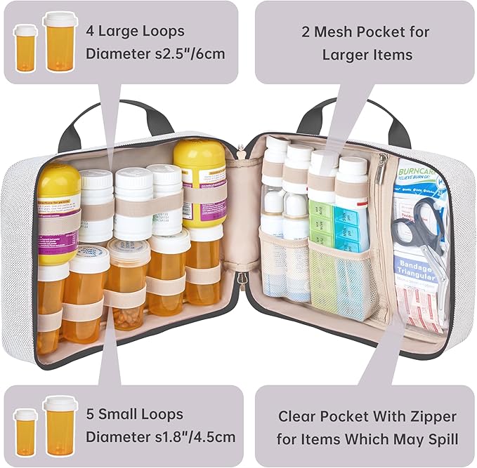 Travel Medicine Organizer Bag, Pill Organizer Case,Carrier for Medications,Vitamins,Fish Oil and Medical Supplies Pill Bottle Organizer and Home Storage Med Bag (Dark Grey)