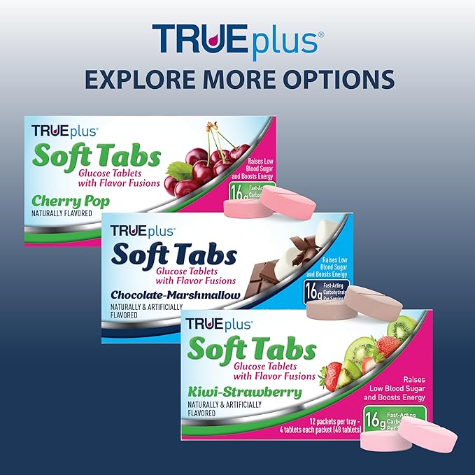TRUEplus Soft Tabs Glucose Tablets, Chewable, Kiwi Strawberry Flavor, 16g Fast-Acting Carbohydrates, Fat Free, Gluten Free, Raise Low Blood Sugar and Boost Energy, 4 Count, 12 Packs