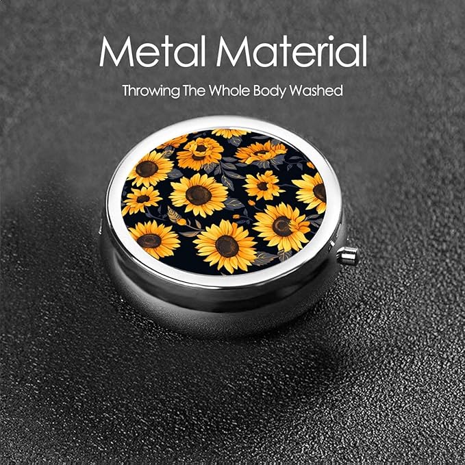 Sunflower Style6 Print Round Metal Pill Box with 3 Compartment for Pocket or Purse Travel Bag Mini Small Size 2 inche