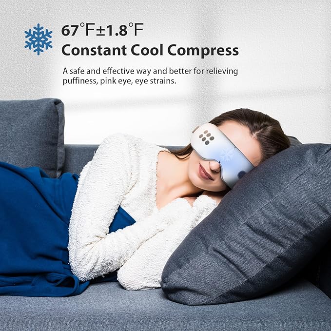 Eye Massager with Heat and Cooling Bluetooth & Compression for Migraines, Dark Circles Relax Dry Eyes, Improve Sleep Gift for Men Women