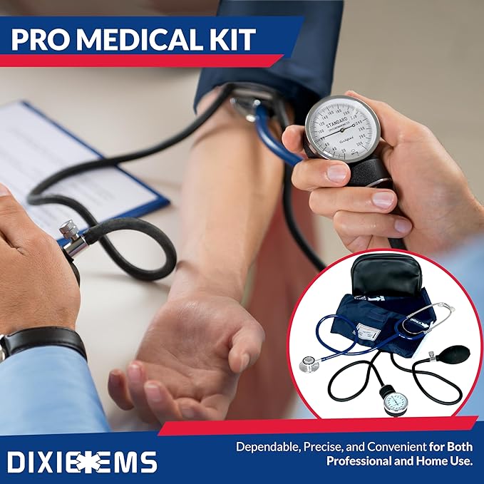 Dixie EMS Aneroid Sphygmomanometer and Dual Head Stethoscope Set with Adult Size Blood Pressure Cuff, Calibration Key and Carrying Case – Navy Blue