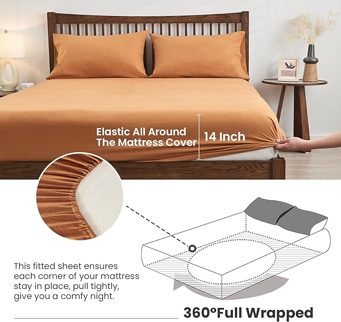 Simple&Opulence Belgian Linen Sheet Set Solid Color -Sheet Set 4PC - Cal King Natural Flax Cotton Blend Soft Breathable Farmhouse Bedding - California King, Rust