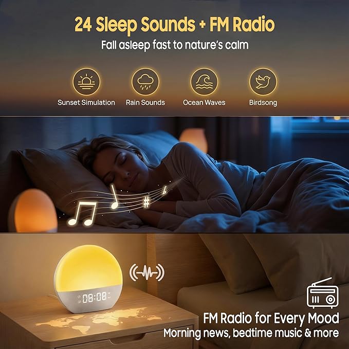 Sunrise Alarm Clock, White Noise Sound Machine, Upgraded Backlit Buttons for Bedrooms, 26 Soothing Sounds, 17 Night Lights, Bluetooth Speaker, Wake Up Sunlight for Heavy Sleepers,