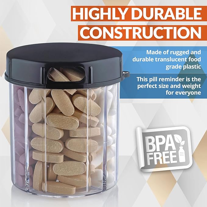 Round Pill Organizer Dispenser - Pack of 2 - Pill Boxes with 4 Compartments for Medication, Vitamins & Supplements Bottle Daily Pill Case Reminder Box, (Black and Clear)