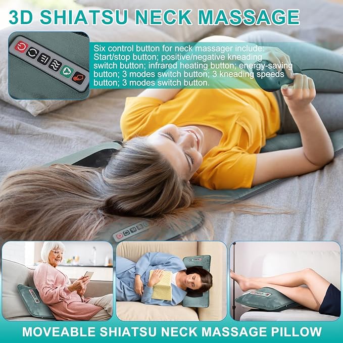 Full Body Massage Mat with Heat & Movable Shiatsu Neck Back Massager Pillow,Massage Pad with Back Lumbar Support,9 Massage Modes,10 Vibration Motors & 3 Heating Levels,for Neck Leg Pain Relief