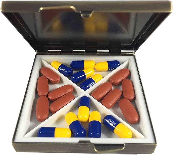 Elegant Brass Pill Box with Four Compartments – Compact 2.5 Inch Square Travel Pill Organizer – Stylish and Durable Case for Daily Pills, Vitamins, and Supplements