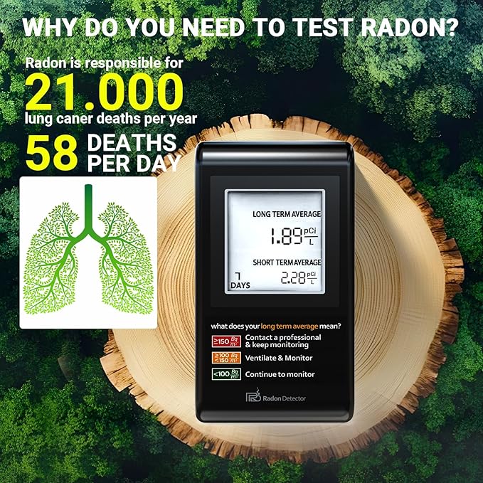 Home Radon Detector with Bracket，Portable Radon Test Kit for Home with Long and Short Term Radon Monitoring, Lightweight, Easy-to-Use, AAA Battery-Powered USA Version, PCi/L, Black